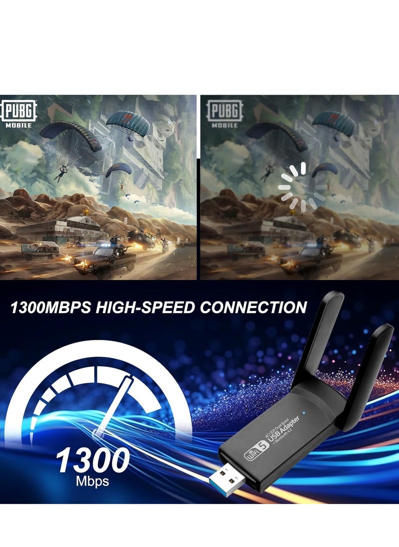 XICEN - Wireless USB WiFi Adapter, 1300Mbps USB WiFi Dongle, 5.8GHz/2.4GHz 5dBi Dual Band Bluetooth USB 3.0 WiFi Dongle for PC/Desktop/Tablet/Laptop, Support Windows 11/10/8.1/8/7/XP/Vista, macOS 10.11-10.15 - Image 1