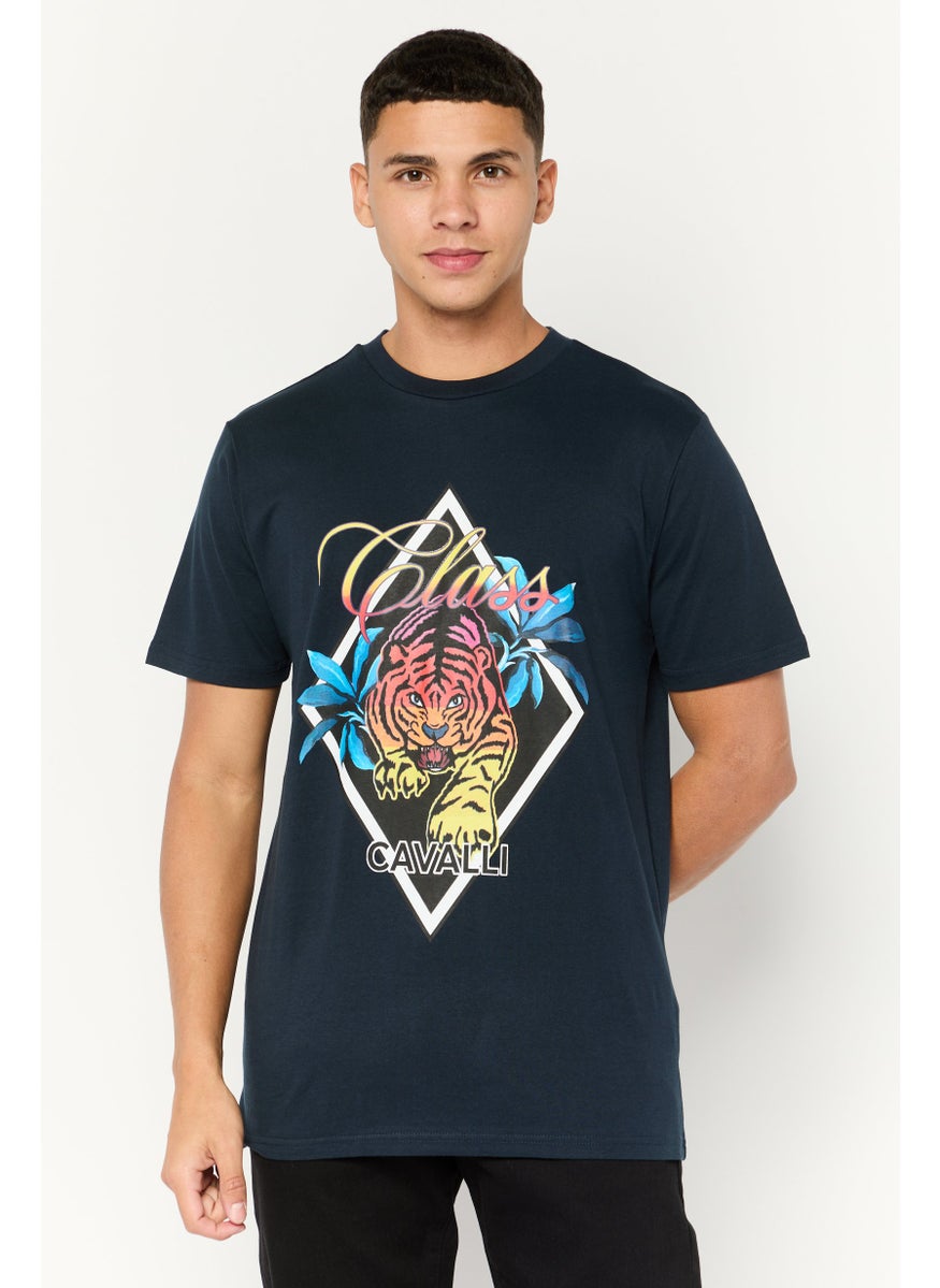 Cavalli Class Men Crew Neck Short Sleeve Graphic T Shirt, Navy Combo  - Image 1
