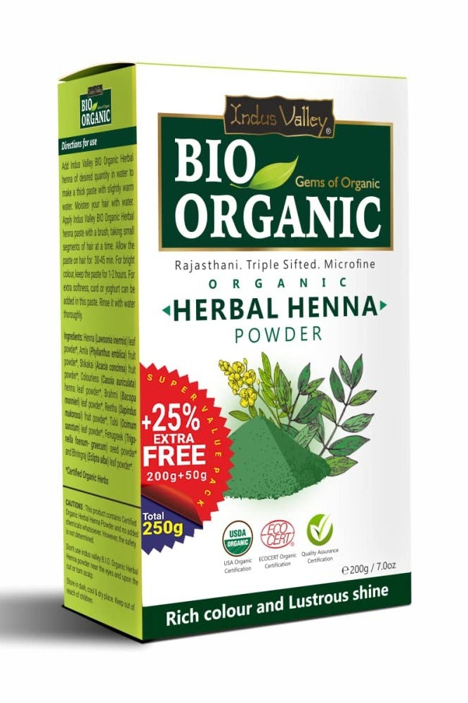 INDUS VALLEY Bio Organic Herbal Henna Powder (200g + 50g=250g) - Green - Image 1