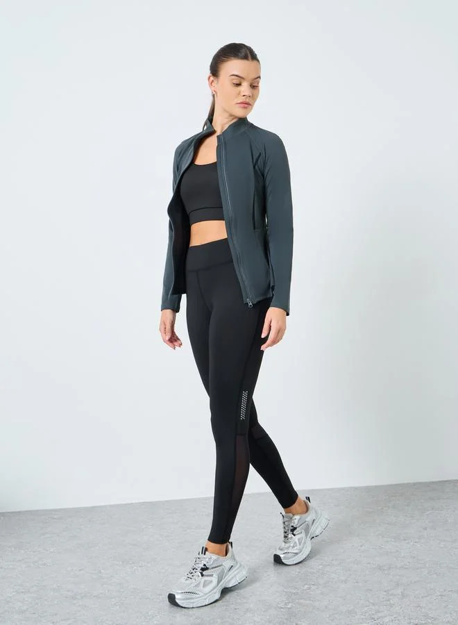 Styli Active Side Mesh Peep Panel Half Zip Up Top