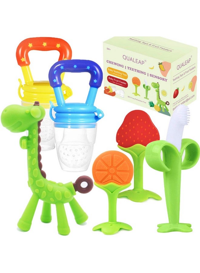 QUALEAP Stand-Up Teething Toys For Babies 0-6 Months 6-12 Months - Teethers With 2 × Baby Fruit Feeders And 4 × Baby Teether - Bpa Free/Freezer Free - Different Soft Textures For Infant And Toddlers (Green) - Image 1