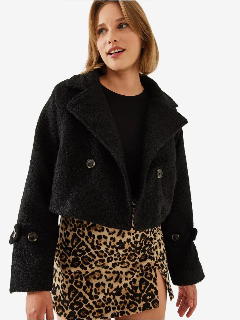 Bianco Lucci Black LUCCI Double Breasted Faux Fur Boxy Crop Jacket for Women | Best Price UAE
