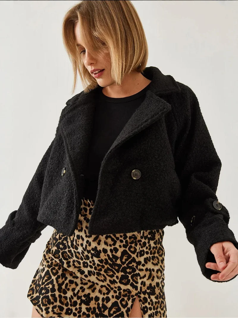 Bianco Lucci Black LUCCI Double Breasted Faux Fur Boxy Crop Jacket for Women | Best Price UAE