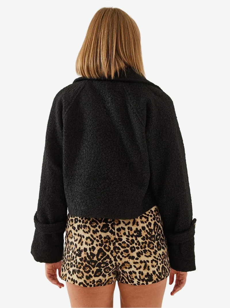 Bianco Lucci Black LUCCI Double Breasted Faux Fur Boxy Crop Jacket for Women | Best Price UAE
