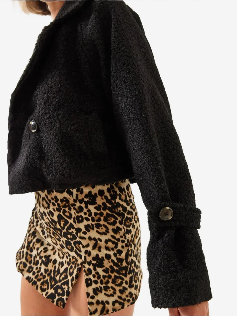 Bianco Lucci Black LUCCI Double Breasted Faux Fur Boxy Crop Jacket for Women | Best Price UAE