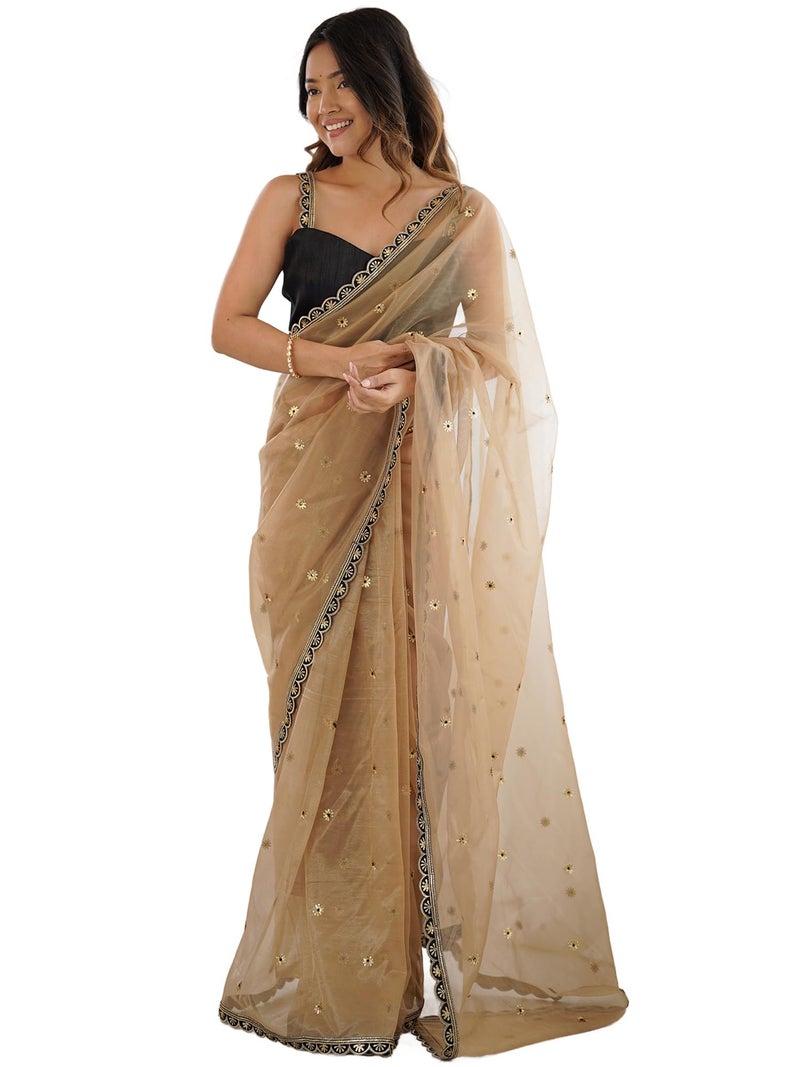 SAREE MALL Women's Beige Net Embellished Saree With Unstitched Blouse Piece (GOPI3601_RX) - Image 1