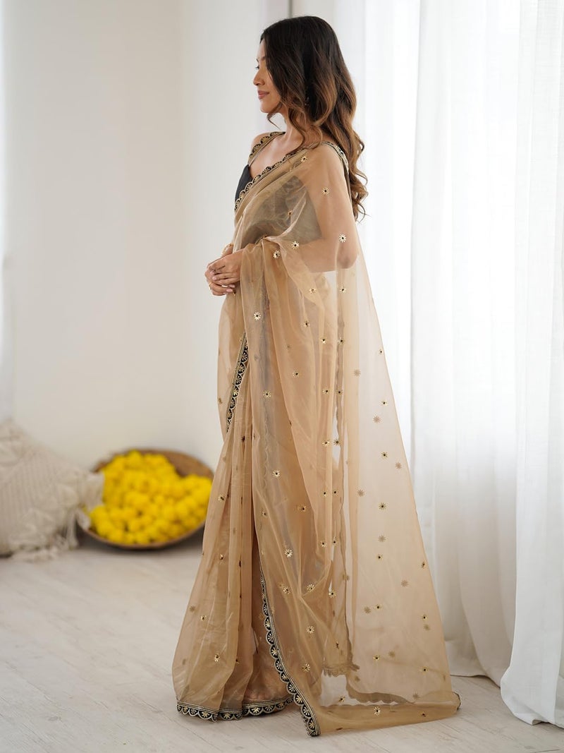 SAREE MALL Women's Beige Net Embellished Saree With Unstitched Blouse Piece (GOPI3601_RX) - Image 4