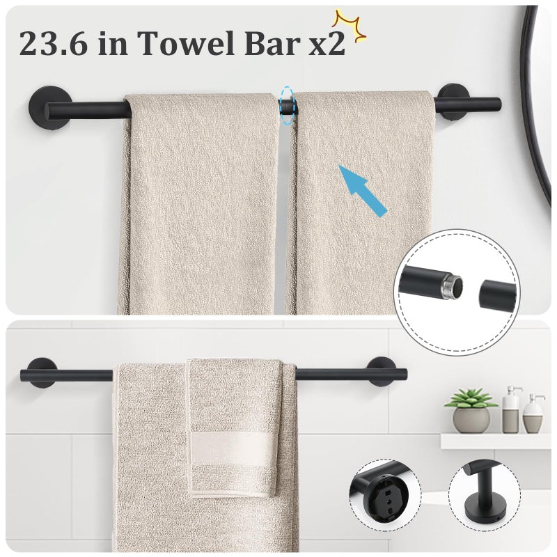 TURS Matte Black 10 Pieces Bathroom Hardware Set  SUS304 Stainless Steel 24 Inch Bath Towel Bar Set  Round Bathroom Accessories Kit Wall Mounted - Image 2