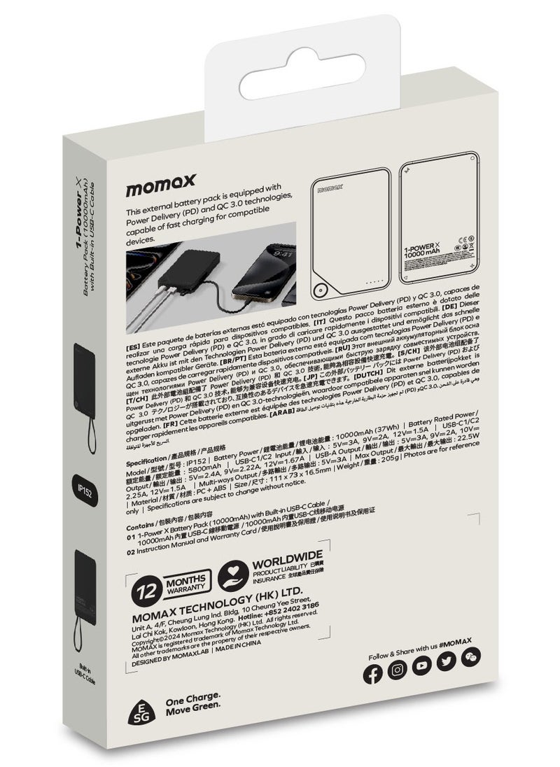 Momax - 1-Power X Battery Pack 10000 mAh Power Bank with Built-in USB-C PD Cable - Black - Image 1