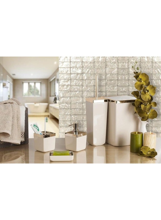 بريمانوفا طقم حمام 5 قطع توكسانا من سلة سعة 6 لتر - موزع صابون سائل - حامل صابون - فرشاة تنظيف المرحاض - حامل فرشاة الأسنان ومعجون الأسنان-بيج مع الإطار ذهبي - Image 1