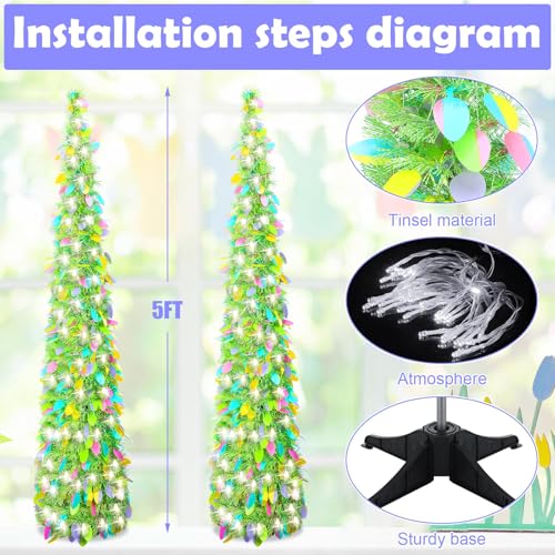 Sosation 2 Pcs 5 ft LED Easter Tinsel Trees Blue Pop up Pencil Trees with String Lights Artificial Collapsible for Party Fireplace Home DecorationsEaster Green - Image 3