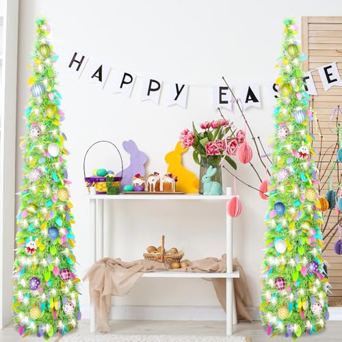 Sosation 2 Pcs 5 ft LED Easter Tinsel Trees Blue Pop up Pencil Trees with String Lights Artificial Collapsible for Party Fireplace Home DecorationsEaster Green - Image 1