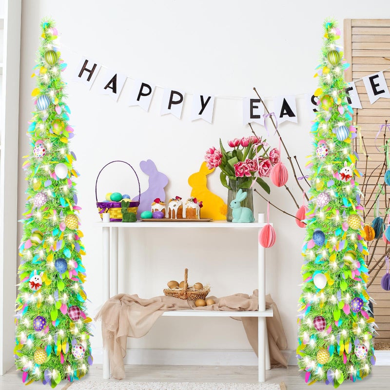 Sosation 2 Pcs 5 ft LED Easter Tinsel Trees Blue Pop up Pencil Trees with String Lights Artificial Collapsible for Party Fireplace Home DecorationsEaster Green - Image 2