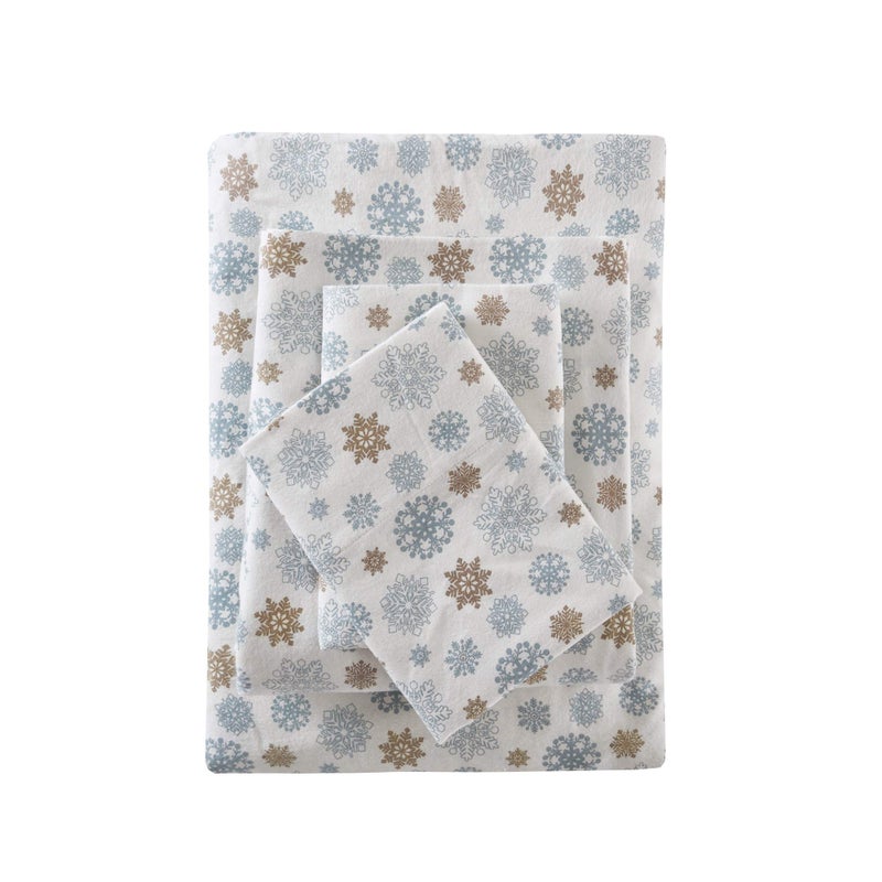 Sleep Philosophy True North Cozy Flannel Warm 100% Cotton Sheet - Novelty Print Animals Stars Cute Ultra Soft Cold Weather Bedding Set  King  Tan/Blue Snowflakes 4 Piece - Image 2