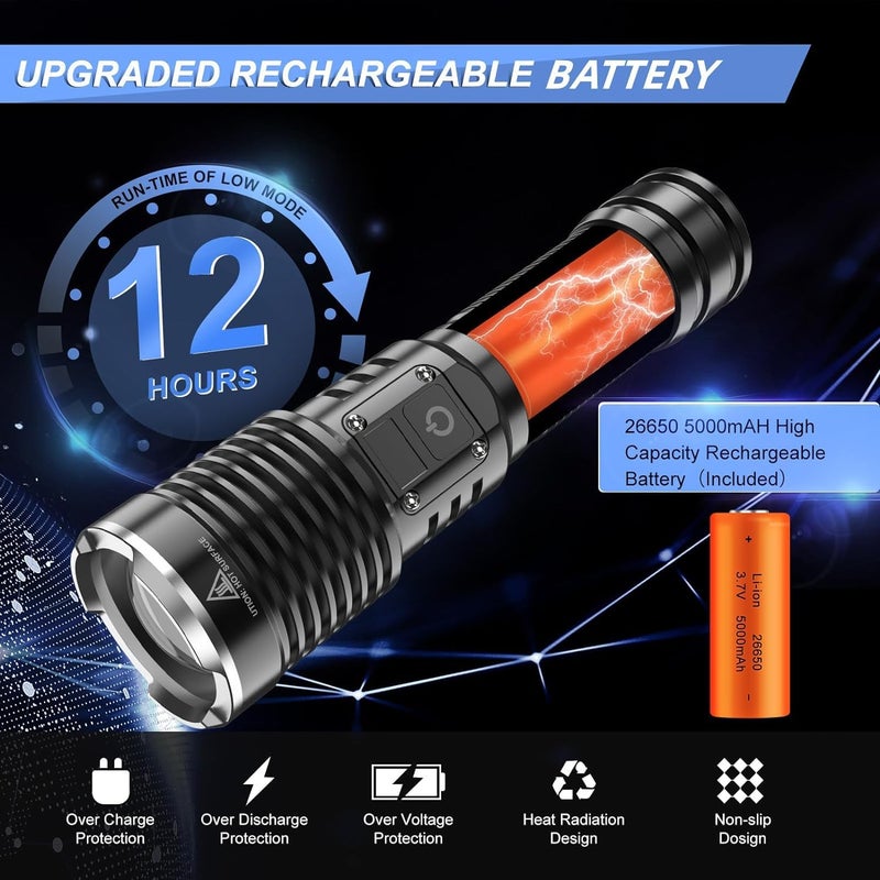KRLZ Flashlight Rechargeable LED Flashlights High Lumens 20000 Lumens Super Bright Tactical Handheld Flashligh Powerful Zoomable Waterproof Long Lasting Flashlight for Hiking Camping - Image 2