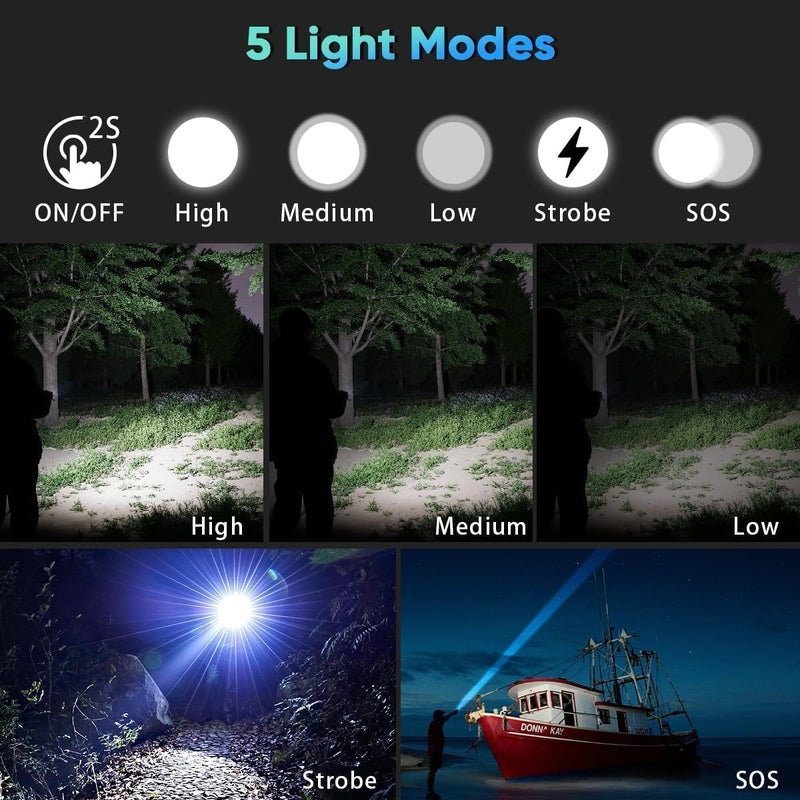 KRLZ Flashlight Rechargeable LED Flashlights High Lumens 20000 Lumens Super Bright Tactical Handheld Flashligh Powerful Zoomable Waterproof Long Lasting Flashlight for Hiking Camping - Image 5
