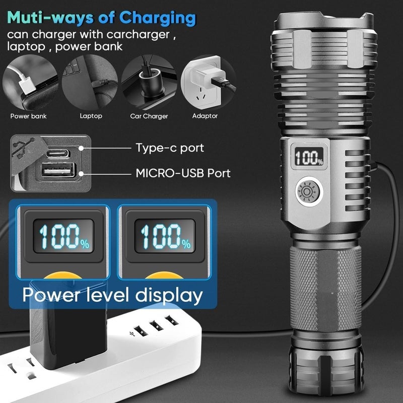 KRLZ Flashlight Rechargeable LED Flashlights High Lumens 20000 Lumens Super Bright Tactical Handheld Flashligh Powerful Zoomable Waterproof Long Lasting Flashlight for Hiking Camping - Image 3