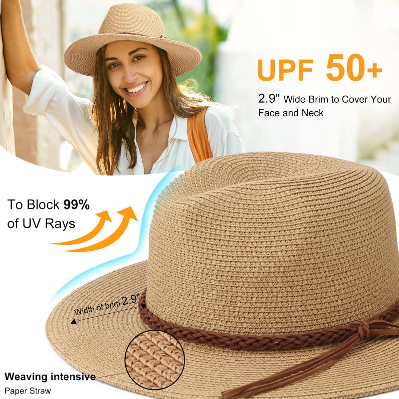 DRESHOW Straw Sun Hat for Women and Men Roll Up Travel Summer Wide Brim Hat Panama Foldable Beach Hat UPF 50+ - Image 2