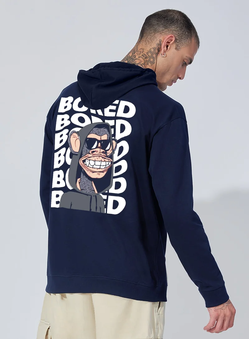 Maniac Maniac Mens Printed Hooded Neck Full Sleeve Navy and White Cotton Sweatshirt
