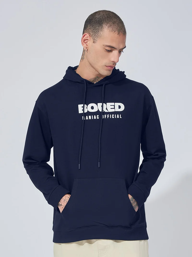 Maniac Maniac Mens Printed Hooded Neck Full Sleeve Navy and White Cotton Sweatshirt