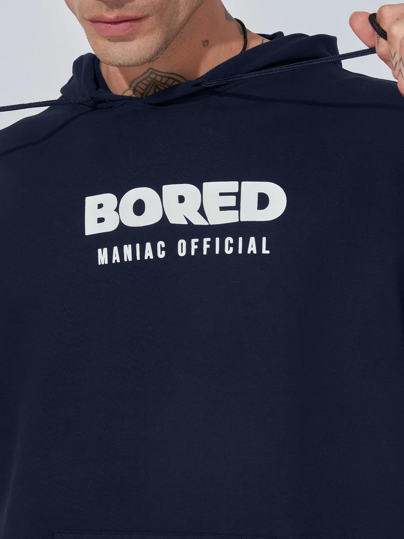 Maniac Maniac Mens Printed Hooded Neck Full Sleeve Navy and White Cotton Sweatshirt