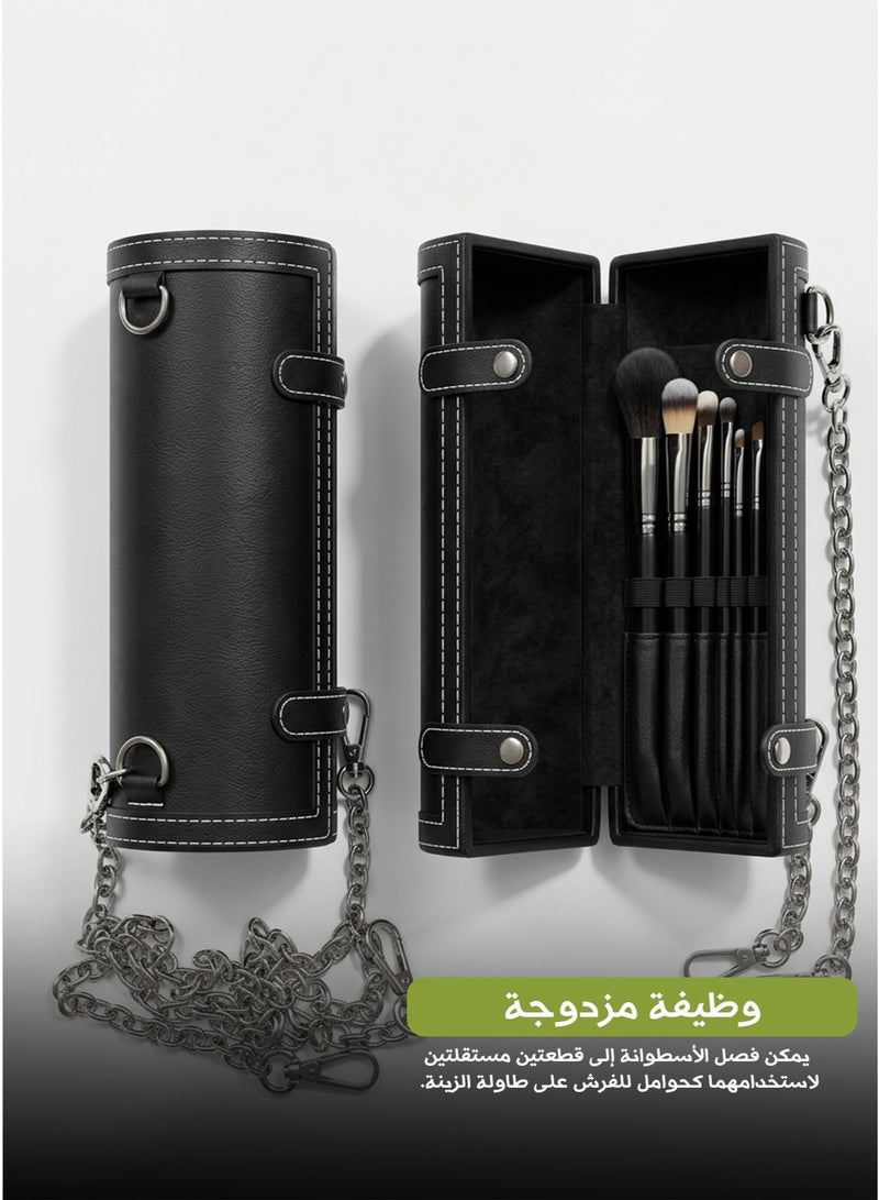 إينرجي حامل فرش مكياج أسطواني من إنرجي - حقيبة سفر جلدية سوداء بسلسلة قابلة للفصل، تتسع لما يصل إلى 12 فرشاة، منظم محمول ذو قسمين - Image 5