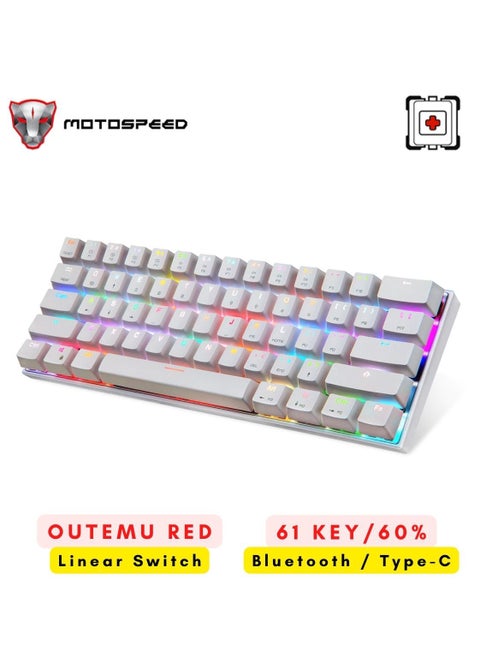 RGB Backlight 61-Key Mechanical Gaming Keyboard NKRO Anti-Ghosting 60% Mech Keeb Bluetooth USB Type-C Wired Dual-Mode - White Outemu Red Switch