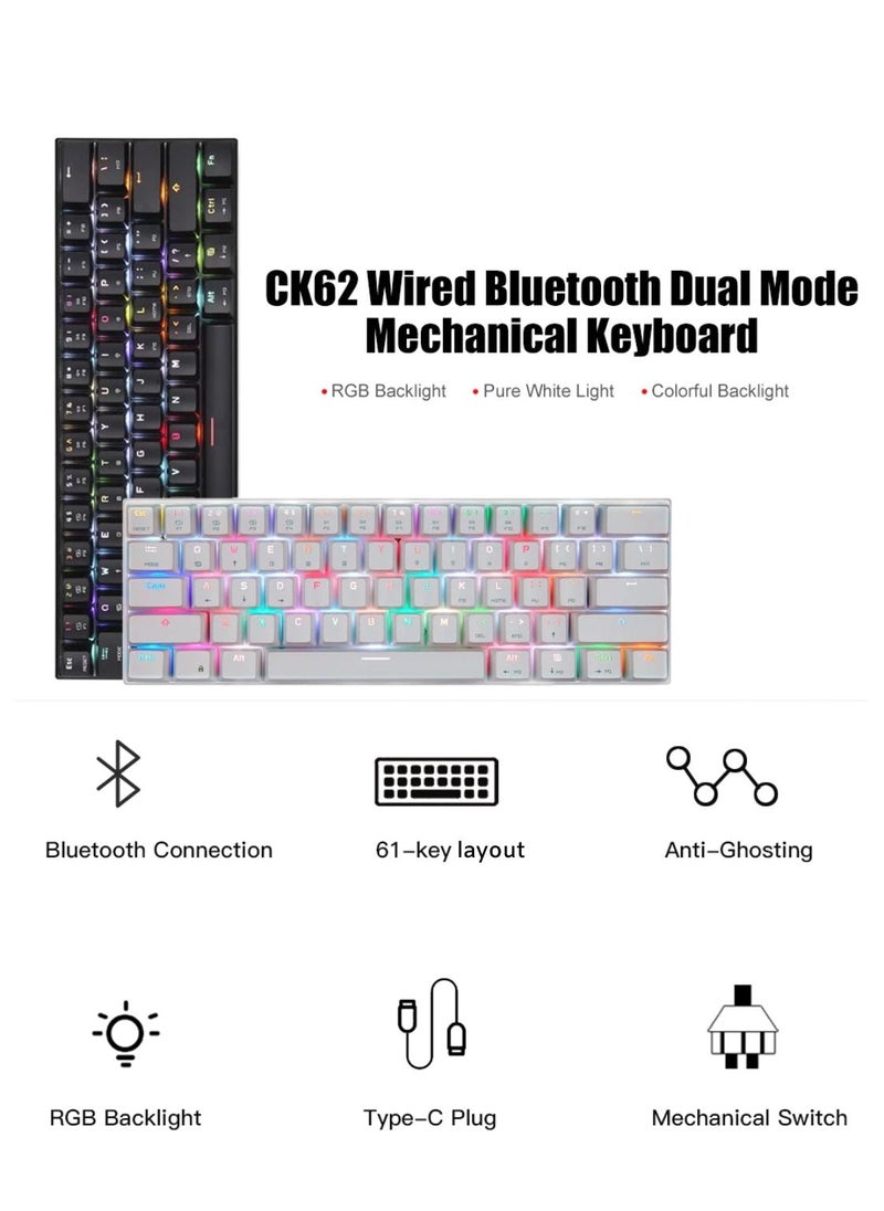 Motospeed - RGB Backlight 61-Key Mechanical Gaming Keyboard NKRO Anti-Ghosting 60% Mech Keeb Bluetooth USB Type-C Wired Dual-Mode - White Outemu Red Switch - Image 1