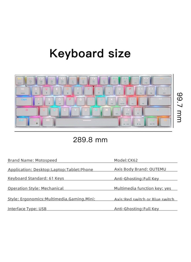 Motospeed - RGB Backlight 61-Key Mechanical Gaming Keyboard NKRO Anti-Ghosting 60% Mech Keeb Bluetooth USB Type-C Wired Dual-Mode - White Outemu Red Switch - Image 1