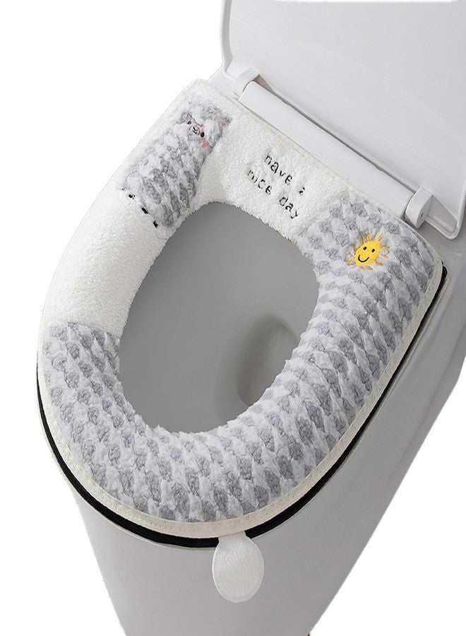 AzsVbvs Warmer Toilet Seat Pads with Zipper Toilet Seat Cover with Lifter Handle Set Washable Velvet Toilet Seat Cushion Soft Thicker Toilet Seats Warmer Mat (Grey White) - Image 1
