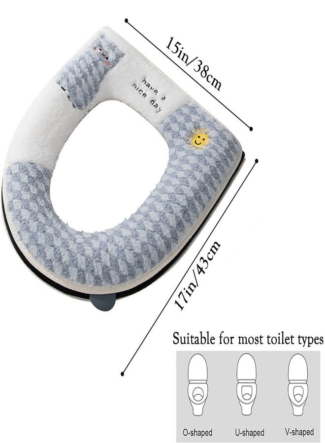 AzsVbvs Warmer Toilet Seat Pads with Zipper Toilet Seat Cover with Lifter Handle Set Washable Velvet Toilet Seat Cushion Soft Thicker Toilet Seats Warmer Mat (Grey White) - Image 2