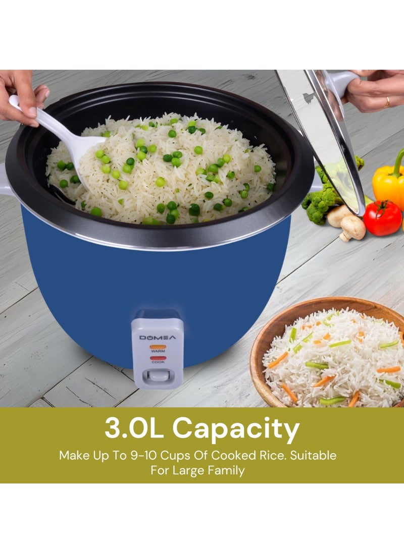 DOMEA - 3L Electric Rice Cooker, 1000W, Cook/Steam/Warm 3-in-1 Functions, Nonstick Inner Pot, Extendable Steam Tray, Tempered Glass Lid, Automatic Shut Off with Overheat Protection, Large Size, Blue - Image 1