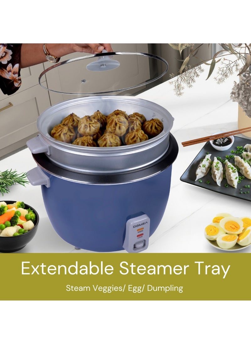 DOMEA - 3L Electric Rice Cooker, 1000W, Cook/Steam/Warm 3-in-1 Functions, Nonstick Inner Pot, Extendable Steam Tray, Tempered Glass Lid, Automatic Shut Off with Overheat Protection, Large Size, Blue - Image 1