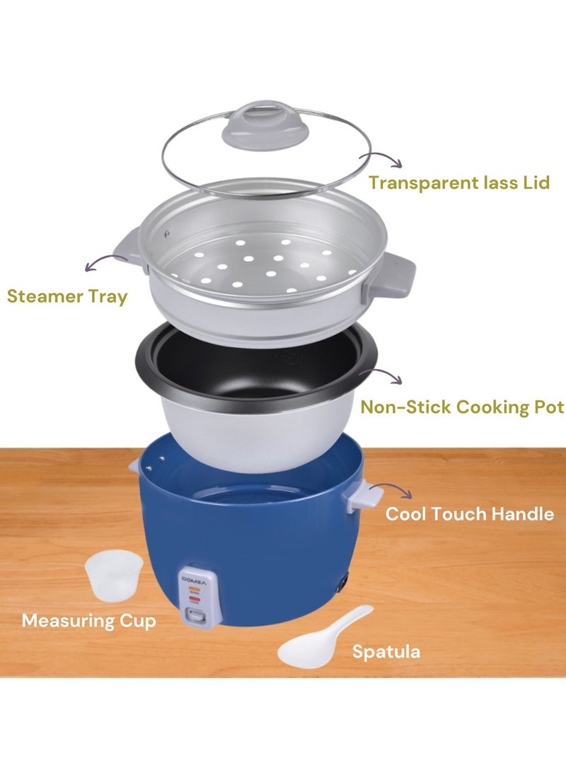 DOMEA - 3L Electric Rice Cooker, 1000W, Cook/Steam/Warm 3-in-1 Functions, Nonstick Inner Pot, Extendable Steam Tray, Tempered Glass Lid, Automatic Shut Off with Overheat Protection, Large Size, Blue - Image 1