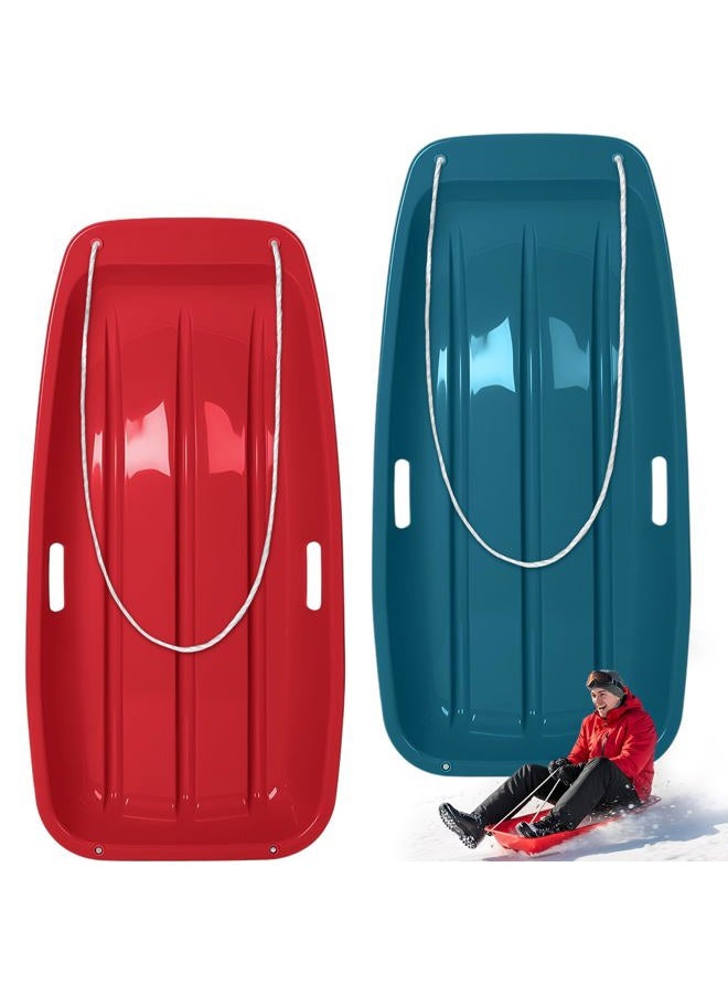 Poen 2 Pcs Plastic Snow Sled 35" Downhill Sprinter Winter Toboggan Sled Board with Pull Rope and Handles Snow Sleds for Kids Adults Downhill Sledding Sleigh Sand Board Sleigh (Navy Blue and Red) - Image 1