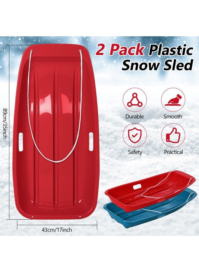 Poen 2 Pcs Plastic Snow Sled 35" Downhill Sprinter Winter Toboggan Sled Board with Pull Rope and Handles Snow Sleds for Kids Adults Downhill Sledding Sleigh Sand Board Sleigh (Navy Blue and Red) - Image 2