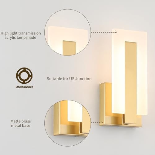 Joosenhouse Modern LED Wall Sconce Set of 2, Brass Warm White Light Wall Sconce 3000K, Hardwired Up and Down Wall Mount Light for Hallway, Bedroom, Study, Living Room Indoor Wall Light - Image 2