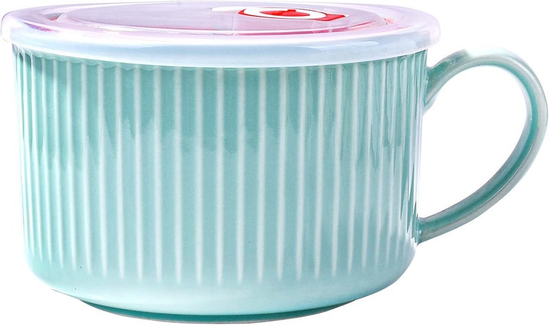 LMRLCS Soup Mug with Lid Noodle Bowl with Handle for Kitchen Microwave Bowl Ceramic Mug 304 OZ Cereal Bowls for Pho Chip Fruits Salad and Noodle Blue - Image 1