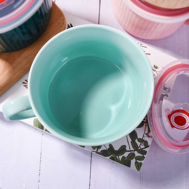 LMRLCS Soup Mug with Lid Noodle Bowl with Handle for Kitchen Microwave Bowl Ceramic Mug 304 OZ Cereal Bowls for Pho Chip Fruits Salad and Noodle Blue - Image 3