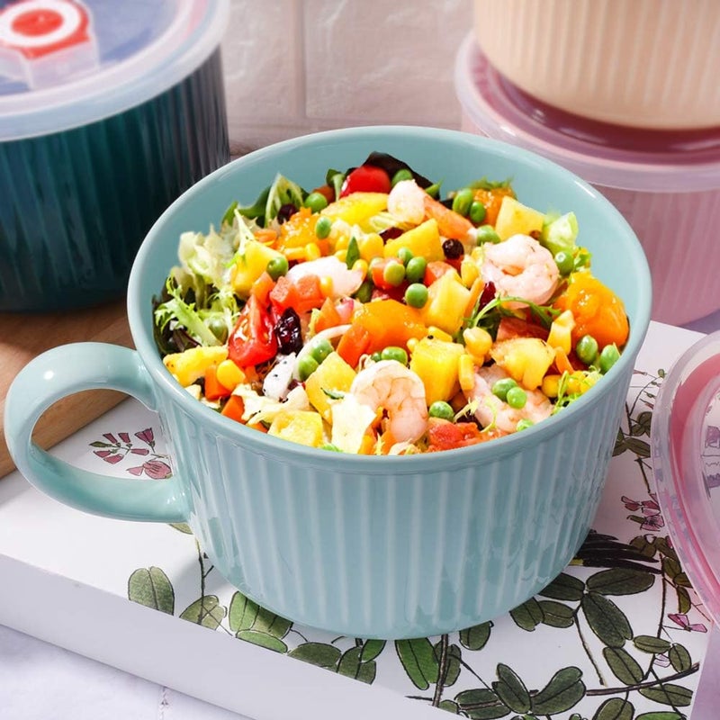 LMRLCS Soup Mug with Lid Noodle Bowl with Handle for Kitchen Microwave Bowl Ceramic Mug 304 OZ Cereal Bowls for Pho Chip Fruits Salad and Noodle Blue - Image 2
