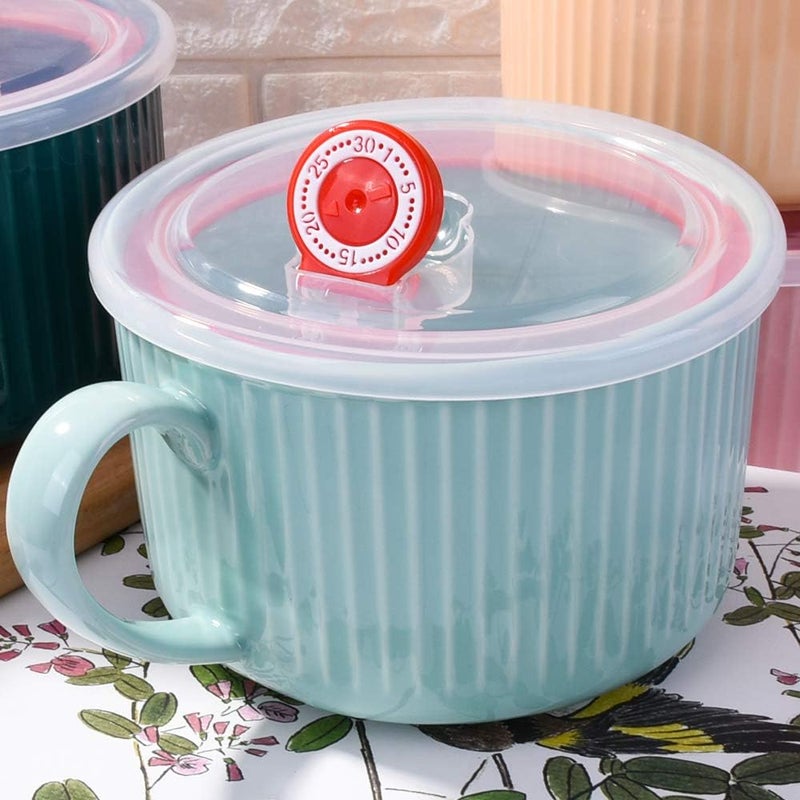 LMRLCS Soup Mug with Lid Noodle Bowl with Handle for Kitchen Microwave Bowl Ceramic Mug 304 OZ Cereal Bowls for Pho Chip Fruits Salad and Noodle Blue - Image 5