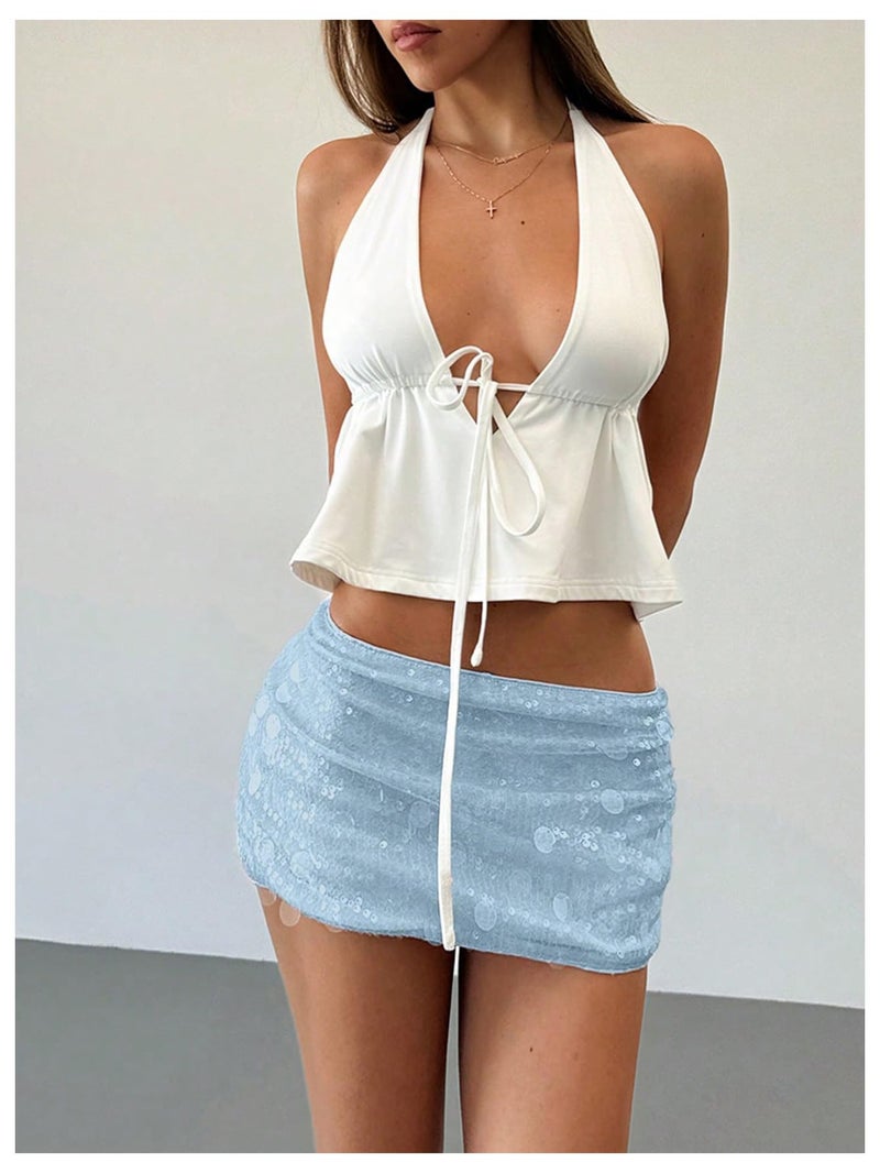 Floerns Women's Sequin Low Waist Mini Skorts Music Festival Night Out Skirt Shorts Light Blue X-Small - Image 3