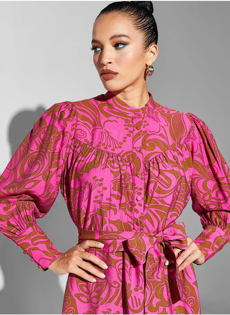 Namshi x Modanisa Floral Button Detail Belted Dress
