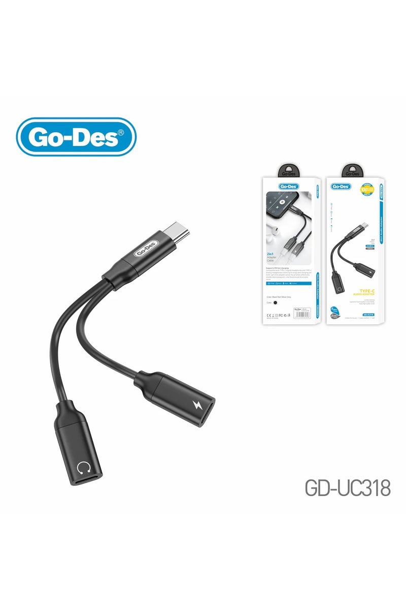 جو-ديز محول شحن صوتي من النوع C 2 في 1 USB-C إلى USB-C PD كابل سماعة رأس للشحن السريع - Image 1