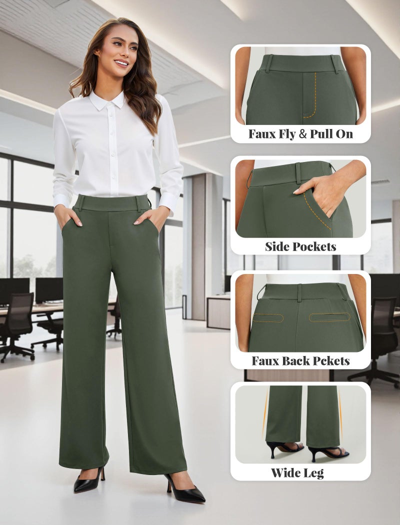 FireSwan Women's Wide Leg Dress Pants High Waisted Stretchy Work Trousers Business Casual Office Pull on Slacks with Pockets Olive Green - Image 5