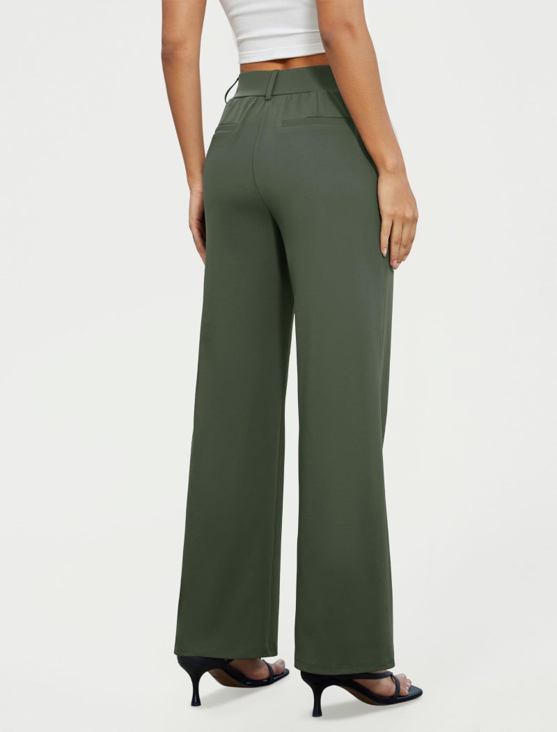 FireSwan Women's Wide Leg Dress Pants High Waisted Stretchy Work Trousers Business Casual Office Pull on Slacks with Pockets Olive Green - Image 2