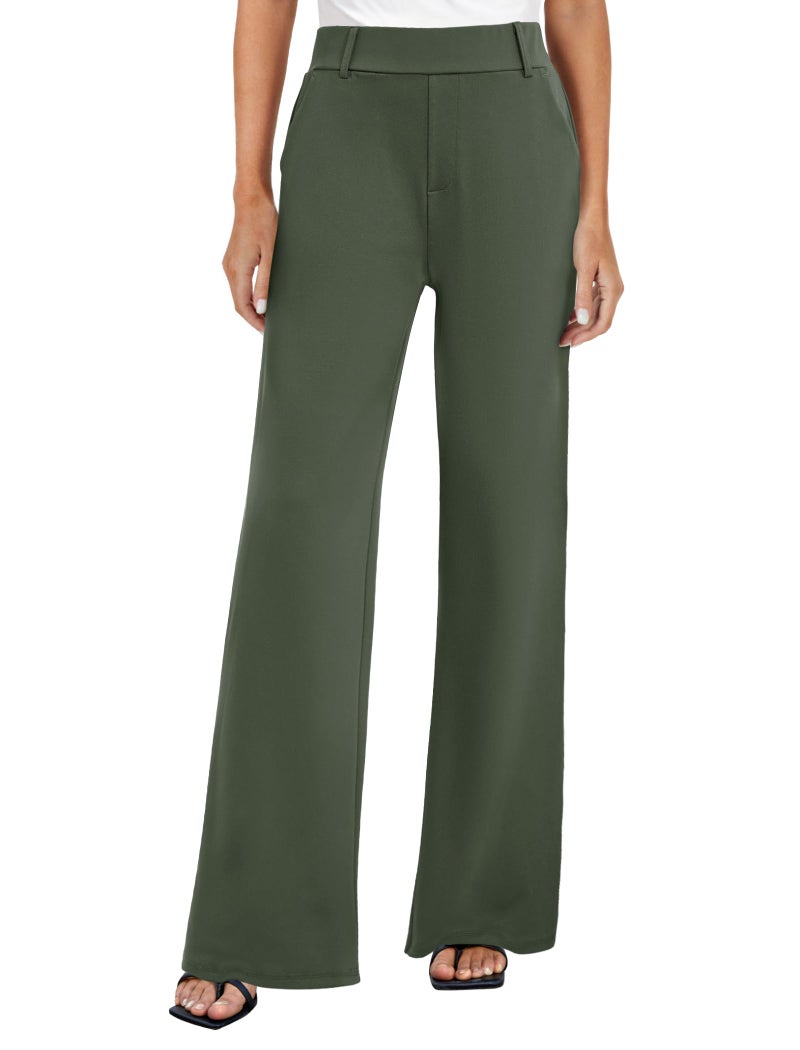 FireSwan Women's Wide Leg Dress Pants High Waisted Stretchy Work Trousers Business Casual Office Pull on Slacks with Pockets Olive Green - Image 1