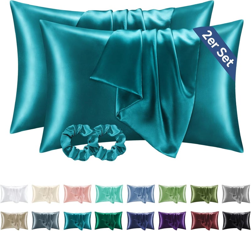BEDELITE Satin Cushion Cover, Set of 2, 40 x 60 cm, Petrol | Silk Pillowcase Alternative, Soft for Summer, 2 Hair Bobbles Included, for Hair and Skin - Image 1