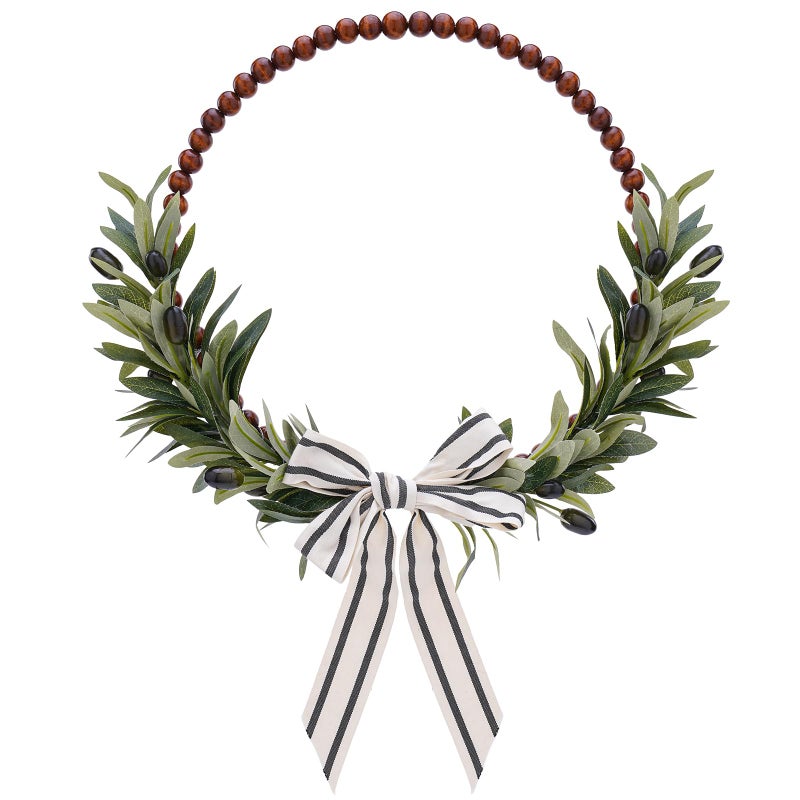 KorViSHOW Wood Bead Olive Leaves Wreaths 13 Inch Artificial Greenery Leaf Wreaths Farmhouse Rustic Boho Wall Hanging Decor for All Seasons for Natural Home Indoor Outdoor Bedroom Decoration - Image 2