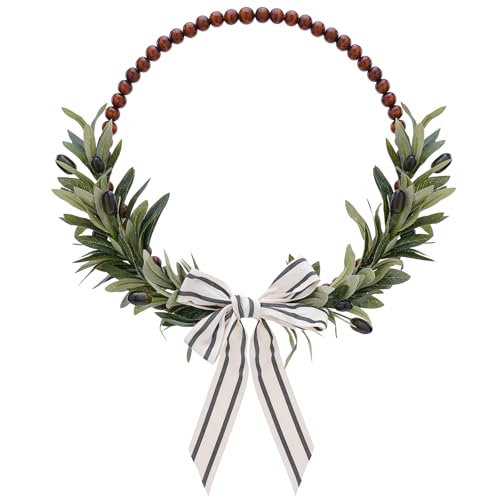 KorViSHOW Wood Bead Olive Leaves Wreaths 13 Inch Artificial Greenery Leaf Wreaths Farmhouse Rustic Boho Wall Hanging Decor for All Seasons for Natural Home Indoor Outdoor Bedroom Decoration - Image 1